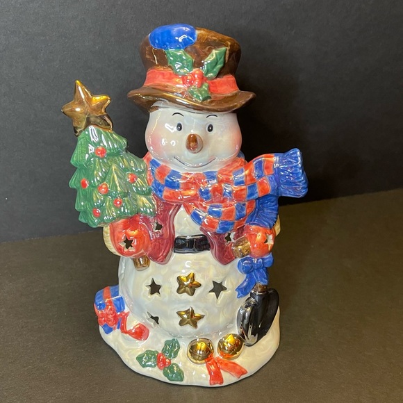 Snowman Tea Light or Votive Candle Holder With Christmas Tree - Picture 2 of 10